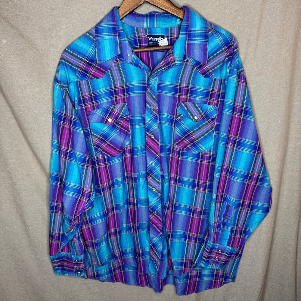 Wrangler Cowboy Cut Western Shirt Mens 19x35 XL Purple Blue Plaid Pearl Snap
